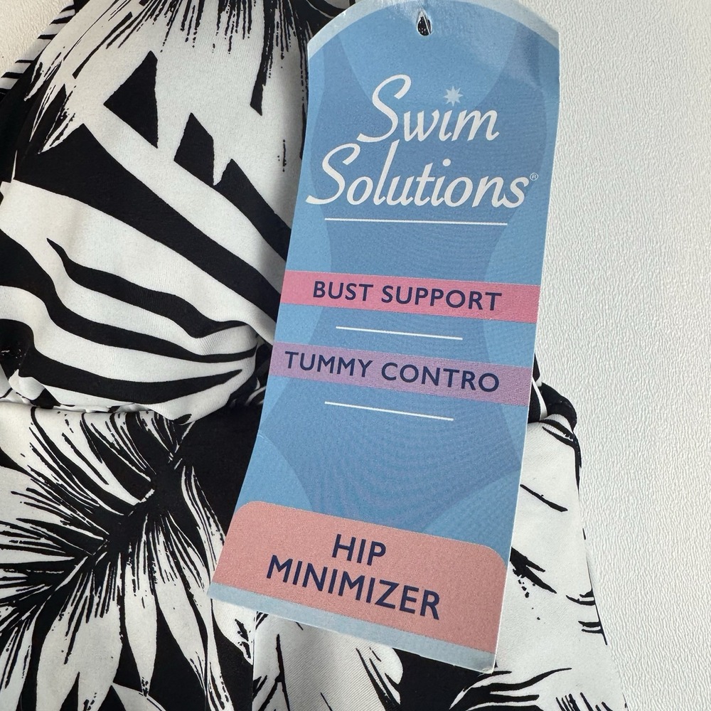 Swim Solutions Triple Tier Fauxkini Swimsuit Black White Palm Leaf Size 10 NEW - Picture 5 of 13